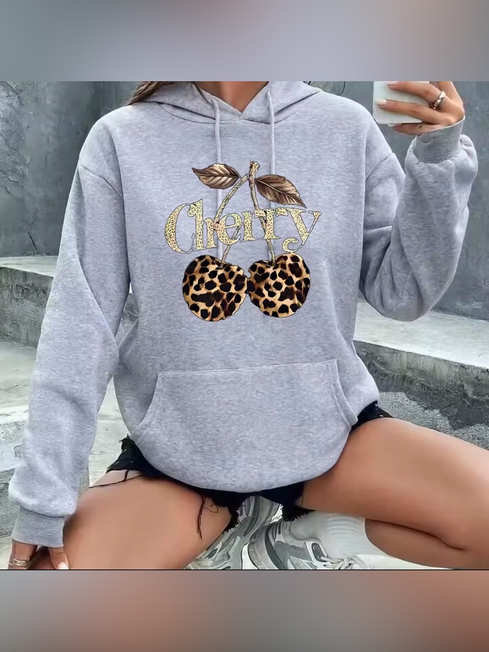 Women’s Gray Cherry Graphic Hoodie with Leopard Accent
